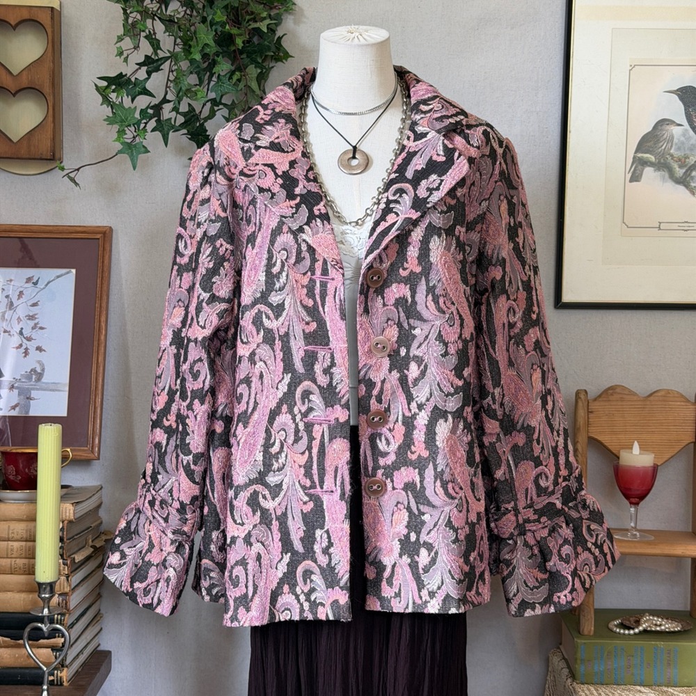 Pink Paisley Tapestry Jacket Ruffle Sleeve Boho XL Whimsy Twee Girly Grunge